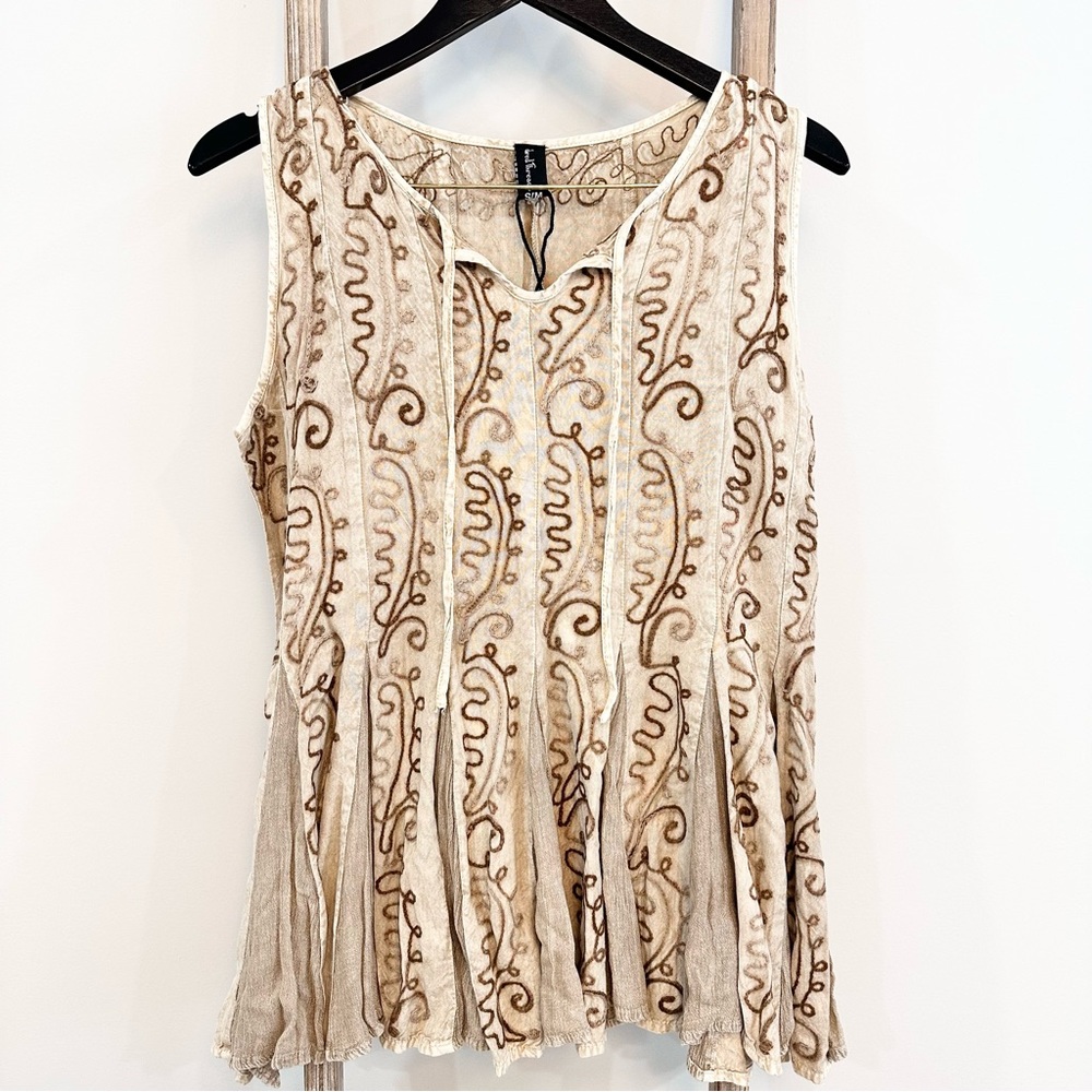 Sacred Threads Embroidered Panel Swing Top S/M Neutral Colors